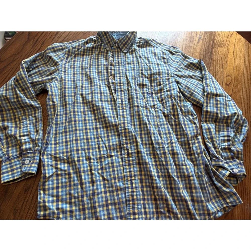 Chaps Mens Easy‎ Care Plaid Button Down Shirt Blue Yellow Long Sleeve Large L